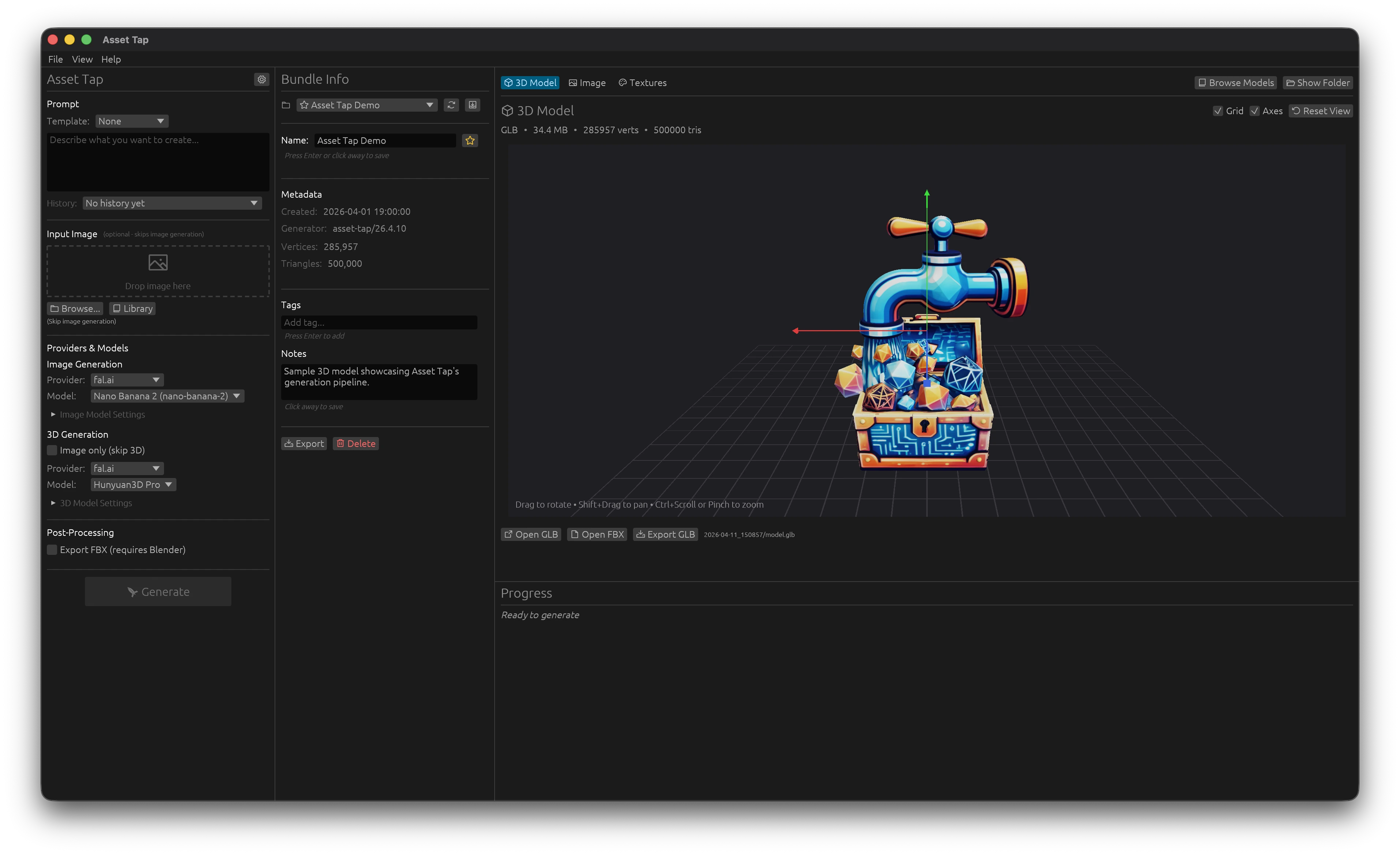 Asset Tap desktop app: a text prompt on the left, the generated 3D model spinning in the viewer on the right.
